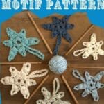 Pinterest image with bright blue overlay over picture of crochet snowflakes