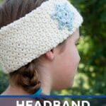 Girl with white headband over braids with blue overlay saying headband crochet pattern on bottom of picture