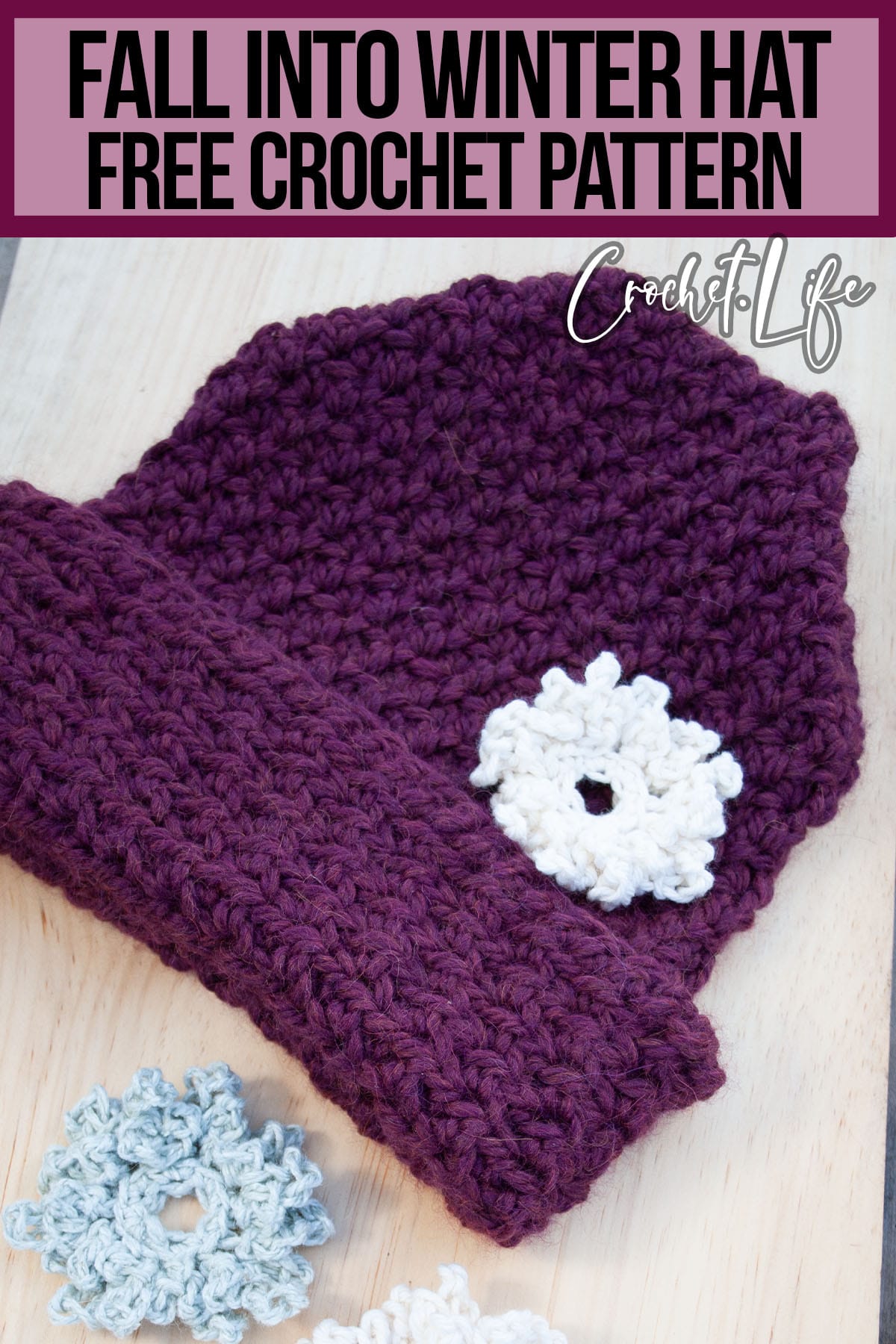 crochet pattern fall into winter hat with text which reads fall into winter hat free crochet pattern