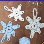 snowflake crochet ornament pattern with text which reads snowflake ornament free crochet pattern
