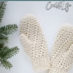 crochet pattern adult mittens with text which reads snowspell adult mittens free crochet pattern