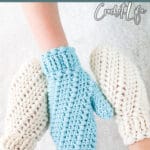 crochet mitten pattern for small hands with text which reads snowspell teen mittens free crochet pattern