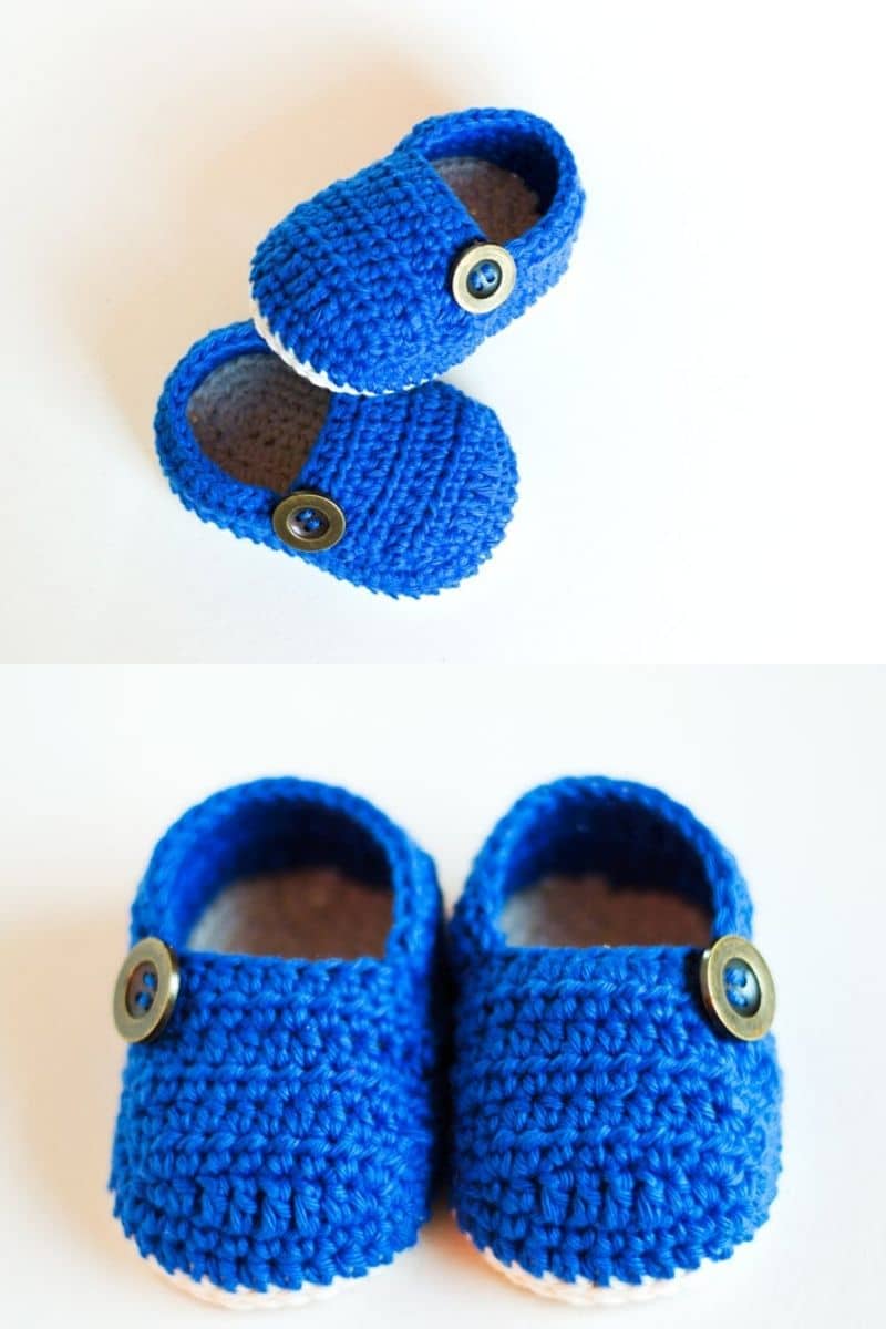 Bright blue baby booties with button