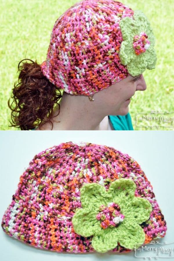 Multi color crochet hat with green flower