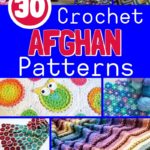 Collage of crochet afghans in bright colors