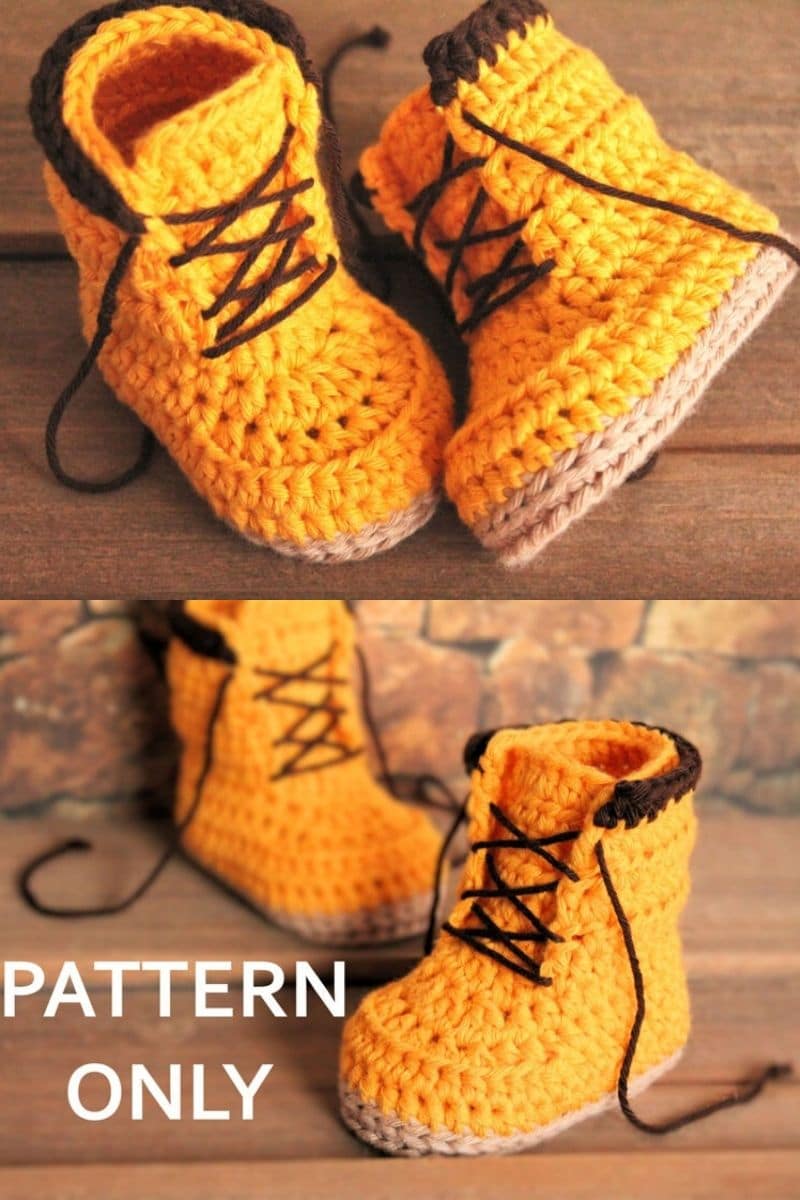 Construction boot crochet booties with lace up accent