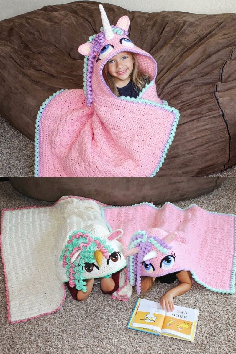 Crochet hooded unicorn blanket