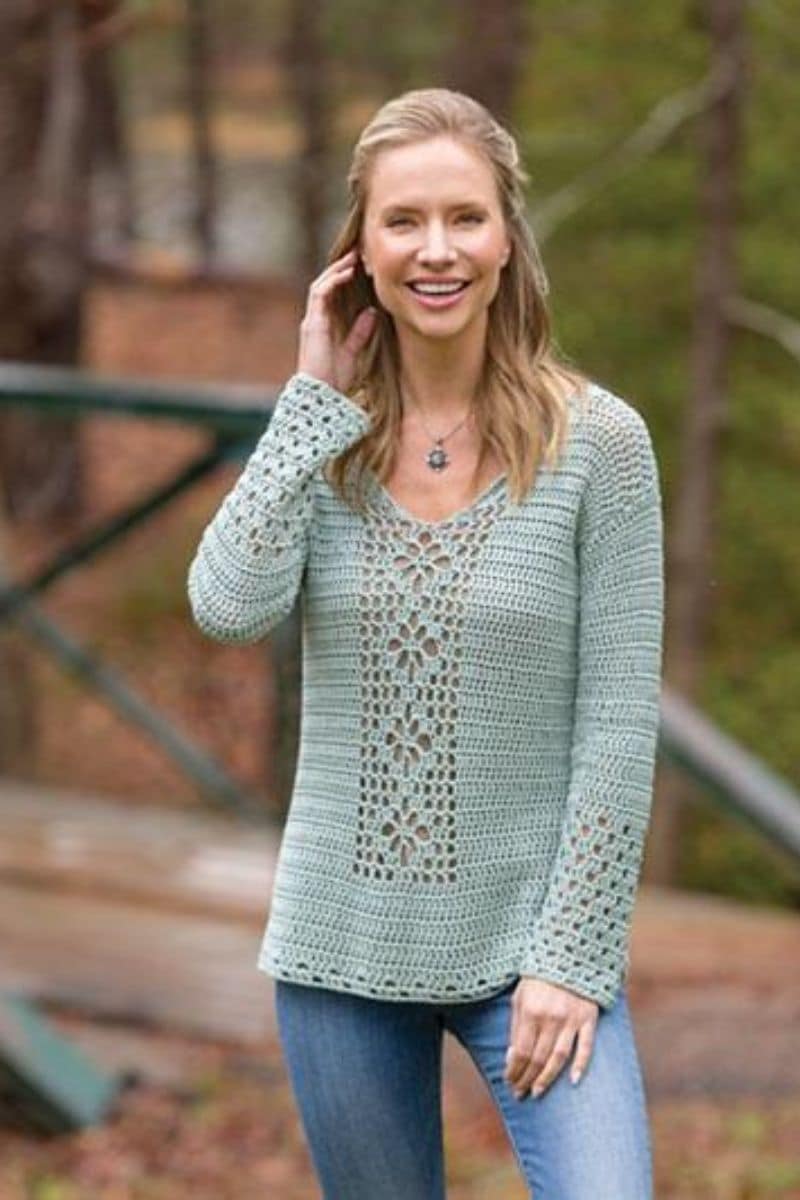 Sage sweater with lace panel