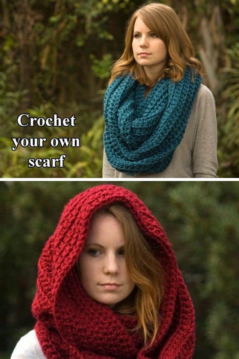 Red and teal hooded scarf
