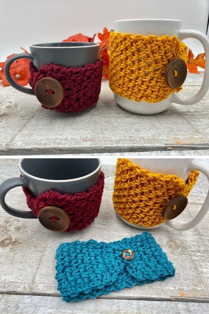 Mugs with colorful crochet cozies