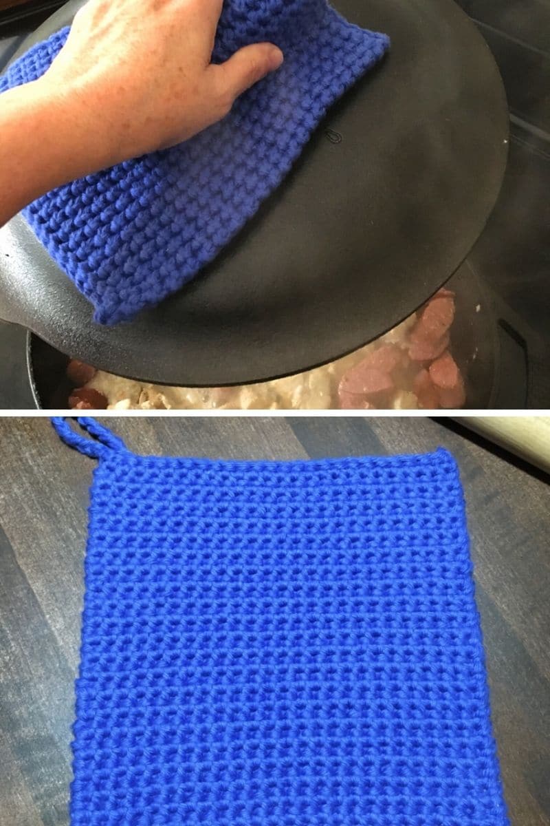 Blue potholder on dutch oven lid