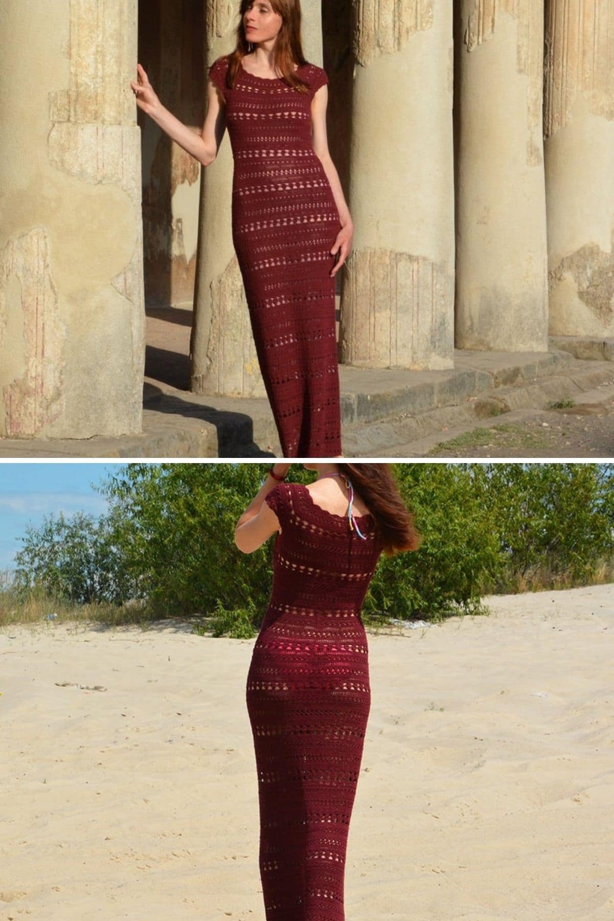 Tall woman in maroon maxi dress