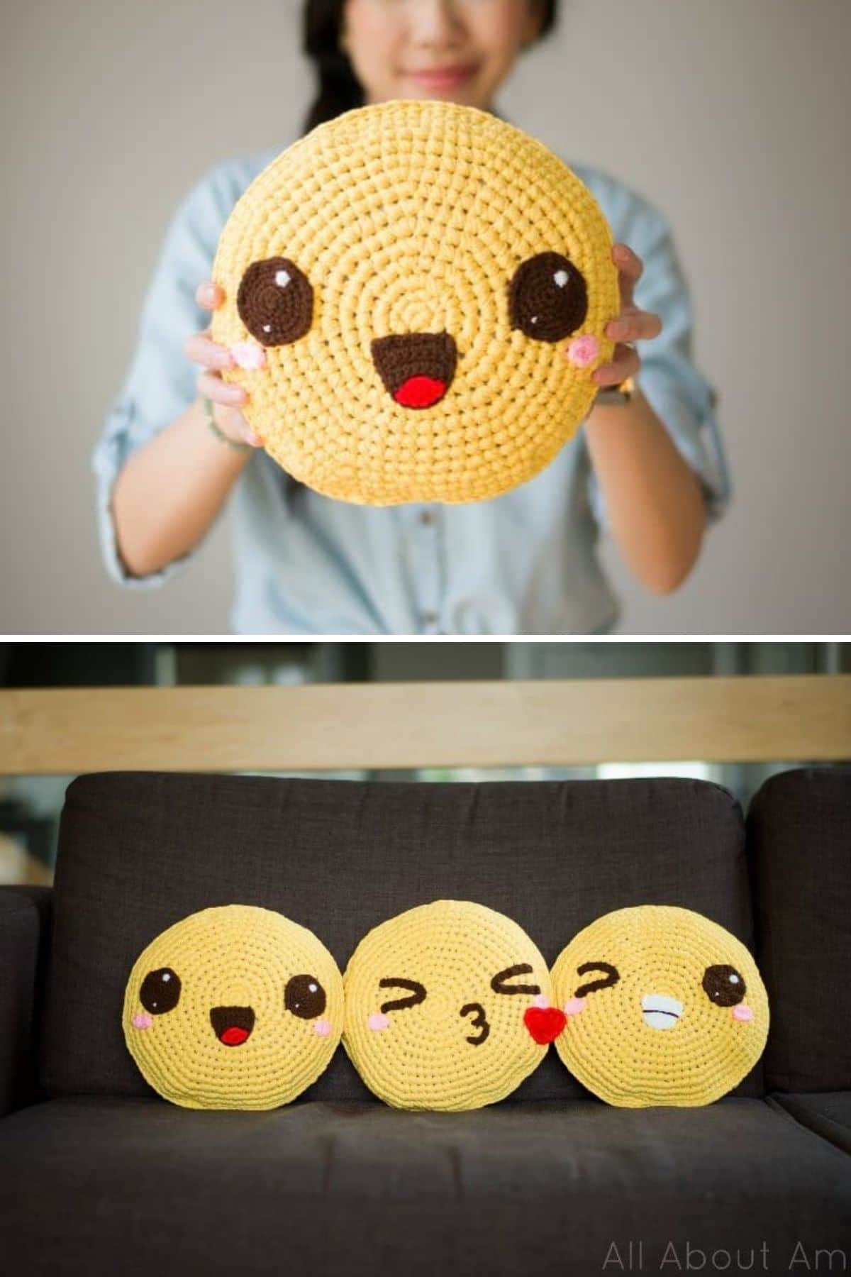 Emoji pillows on sofa