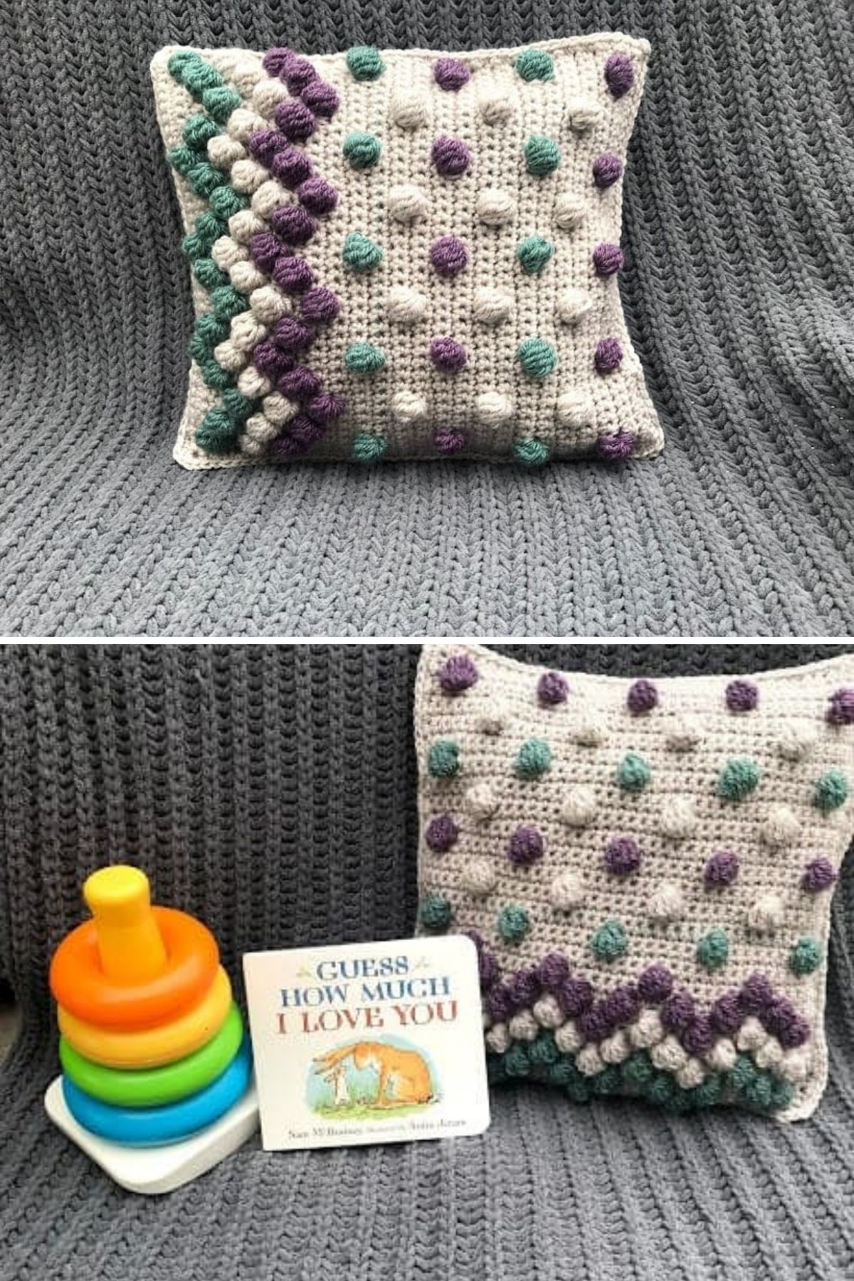 Cream pillow with purple and teal bobbles in a zig zag