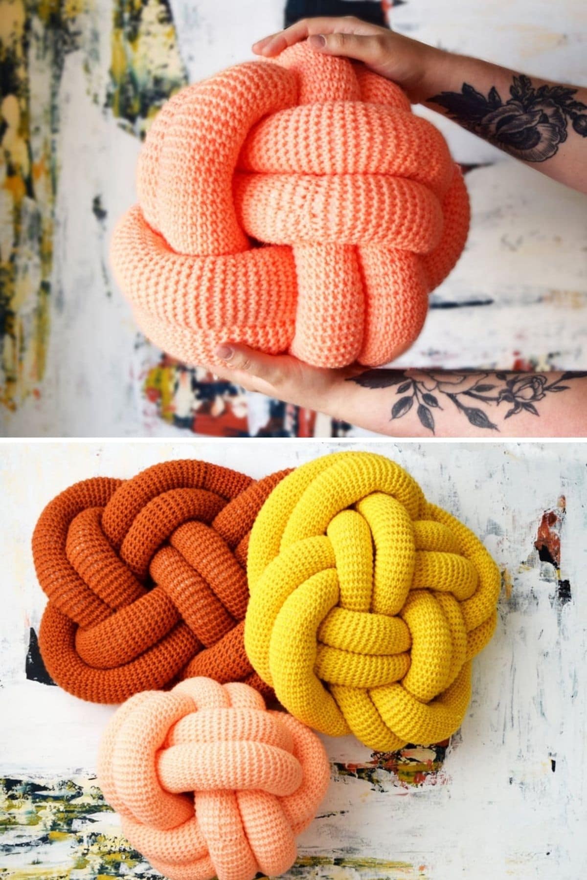 Peach orange and yellow knot pillows
