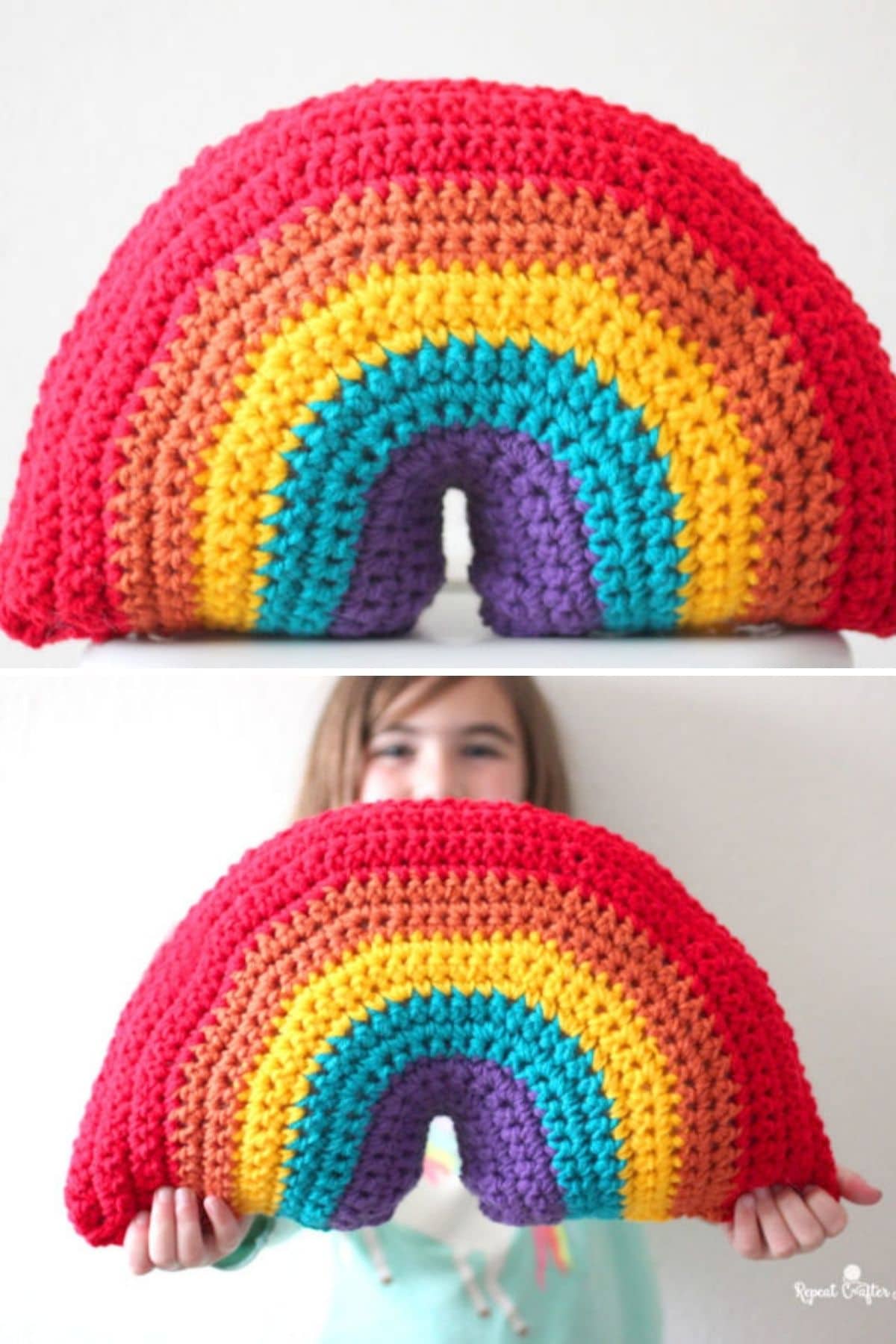 Rainbow pillow held by girl