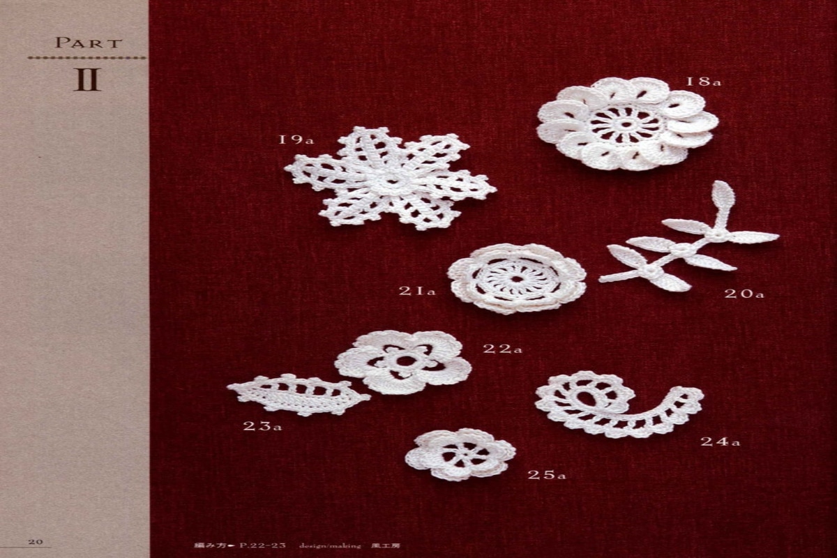 Six different small white crochet doilies shaped like flowers with numbers next to them on a purple background.