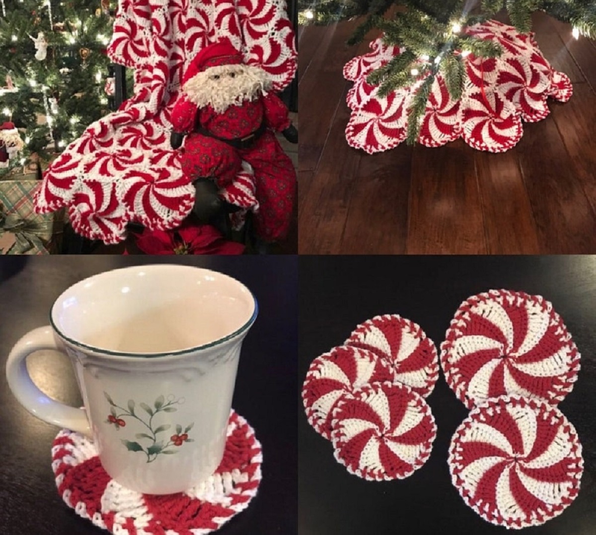A red and white peppermint style crochet blanket draped over a chair with a Christmas tree cover in the same pattern and small coasters on a dark background.