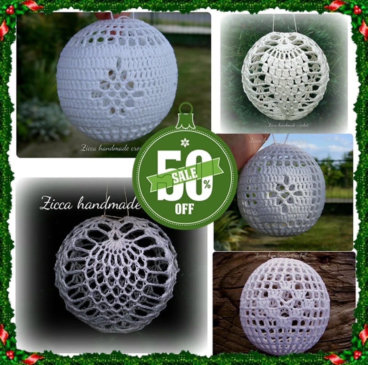 Five gray, cream, and purple crochet Christmas tree baubles with different patterns in a collage together.