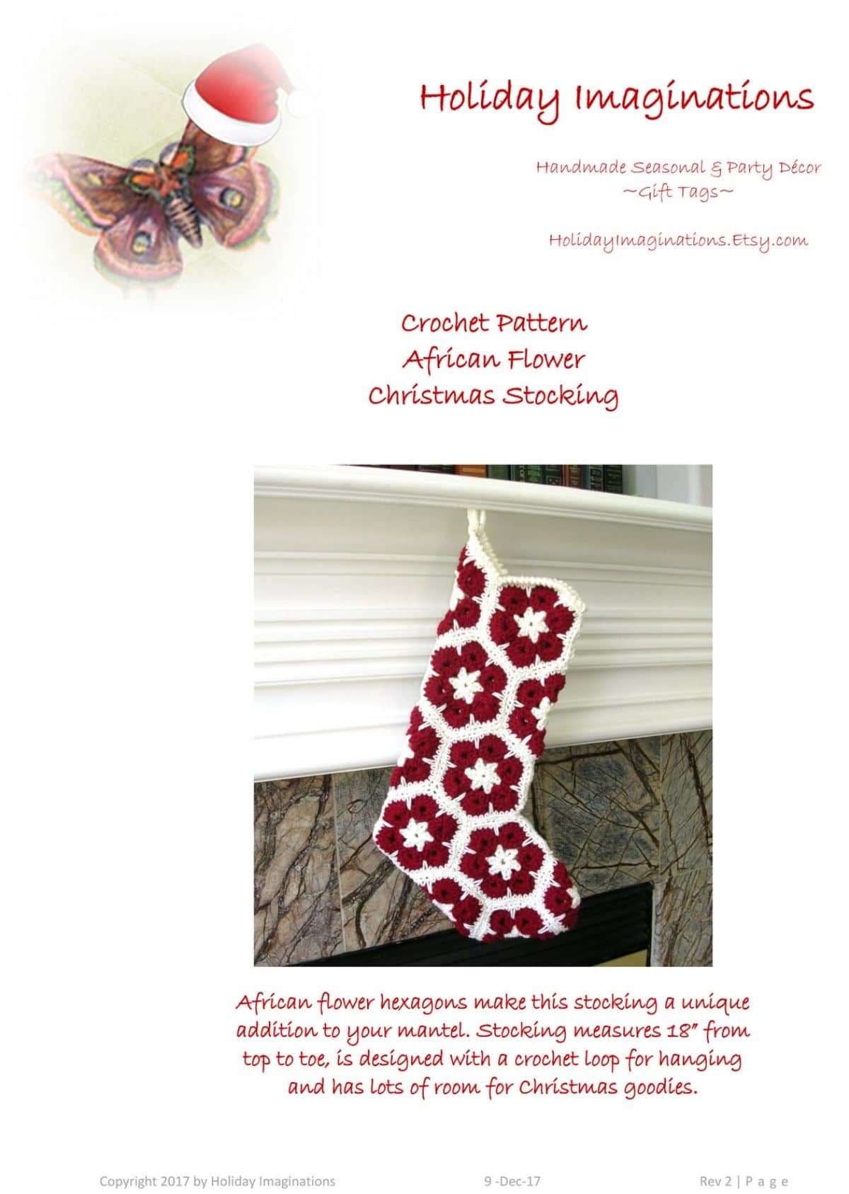 White stocking hanging from a white and gray marble fireplace with red flowers in a hexagon shape stitched all over it.