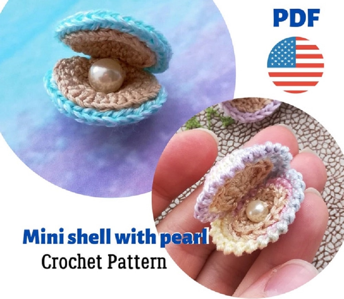 A small pink and yellow crochet clam resting on a hand with a pearl inside and a blue and brown open clam with a small pearl resting inside.