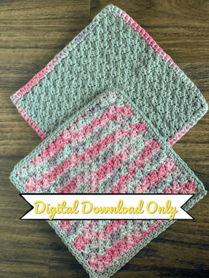 A green and pink striped crochet dishcloth with a thin green trim on top of a green dishcloth with a pink and green trim.