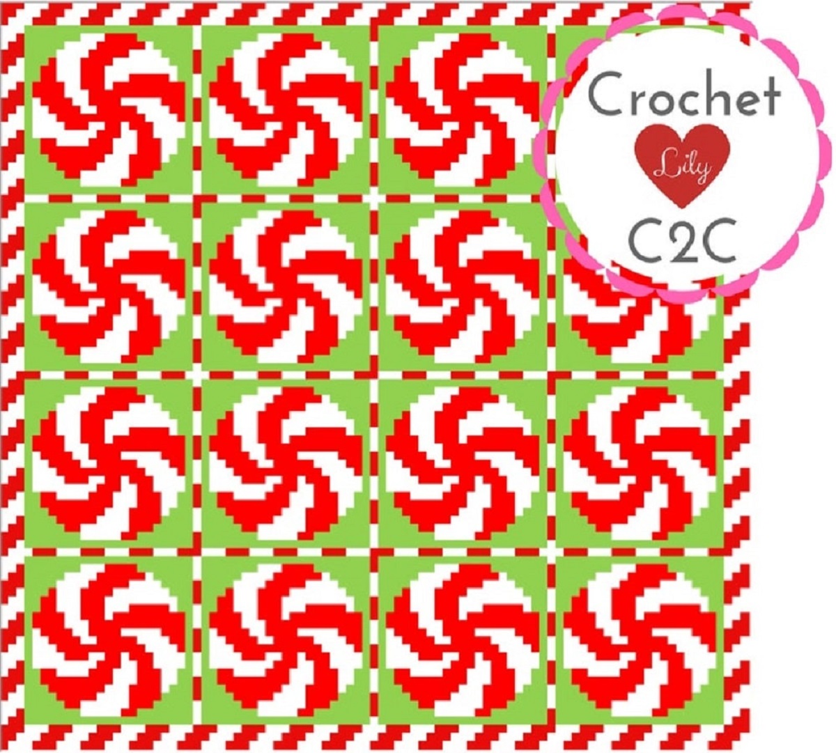 Pixelated style crochet blanket with red and white swirled in little squares and a red and white candy cane trim on all sides.