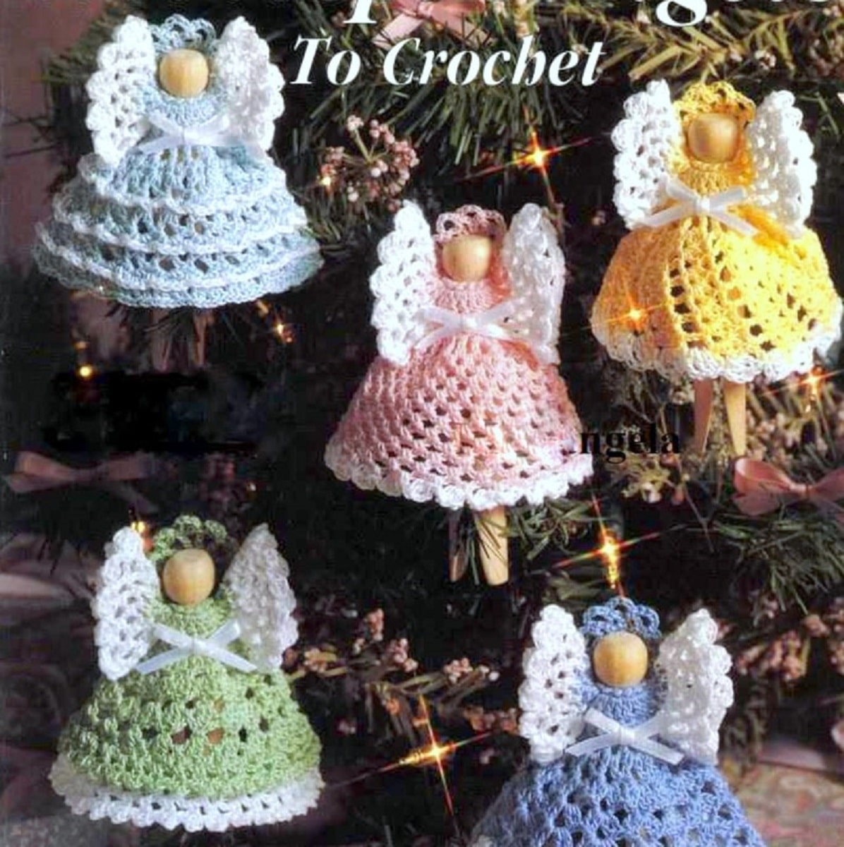 Five clothespin Christmas angels hanging from a Christmas tree with crochet dresses and wings in blue, green, pink, and yellow.