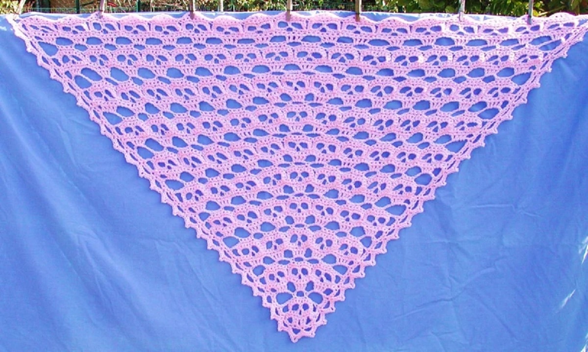  Pink triangle crochet shawl with skull pattern hanging against a blue background outside.
