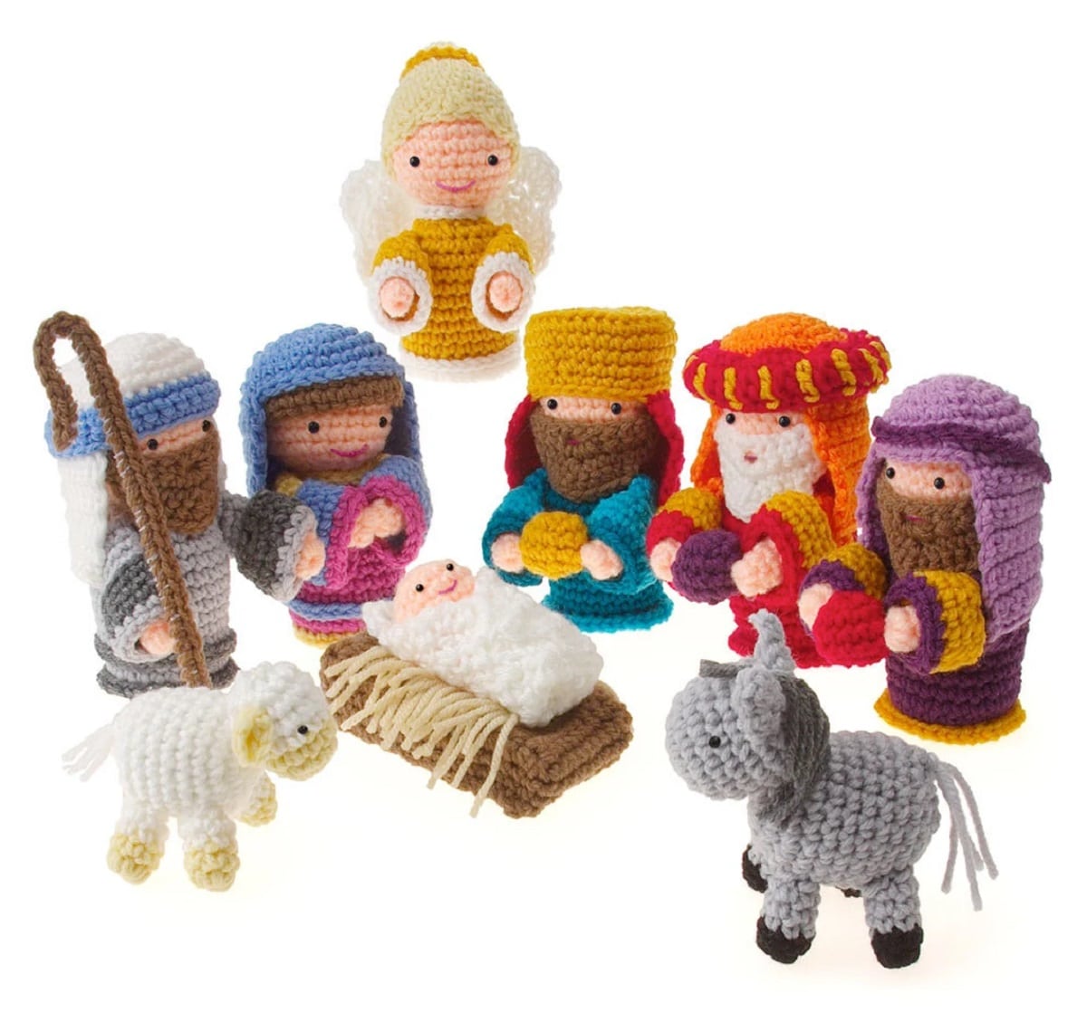 Brightly colored nativity scene including the wise men, Mary and Joseph, the angel Gabriel, a sheep and donkey, and baby Jesus.