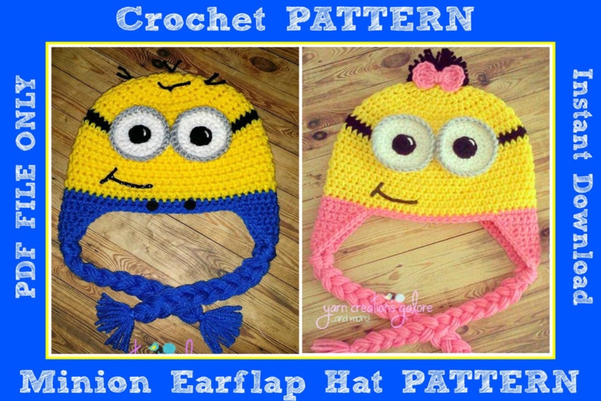 Two minion style earflap crochet hats. Both hats are yellow with white and black eyes and a black mouth, one with blue braided ear flaps and the other with pink ones.