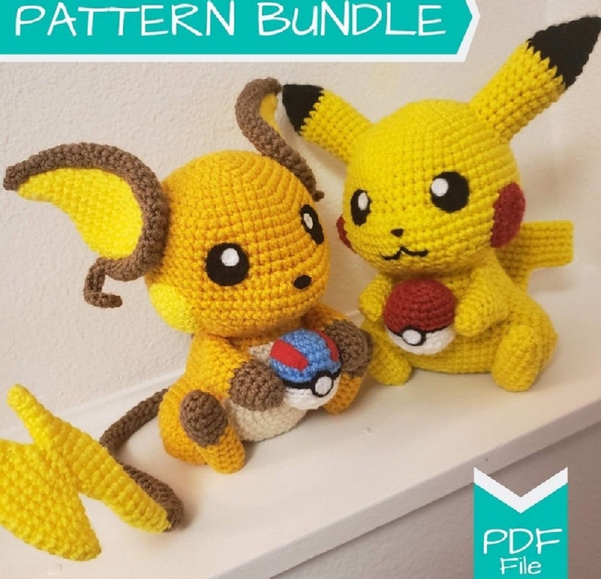 Stuffed crochet Pickachu and Raichu sitting next to each other and holding a Pokeball in their hands.