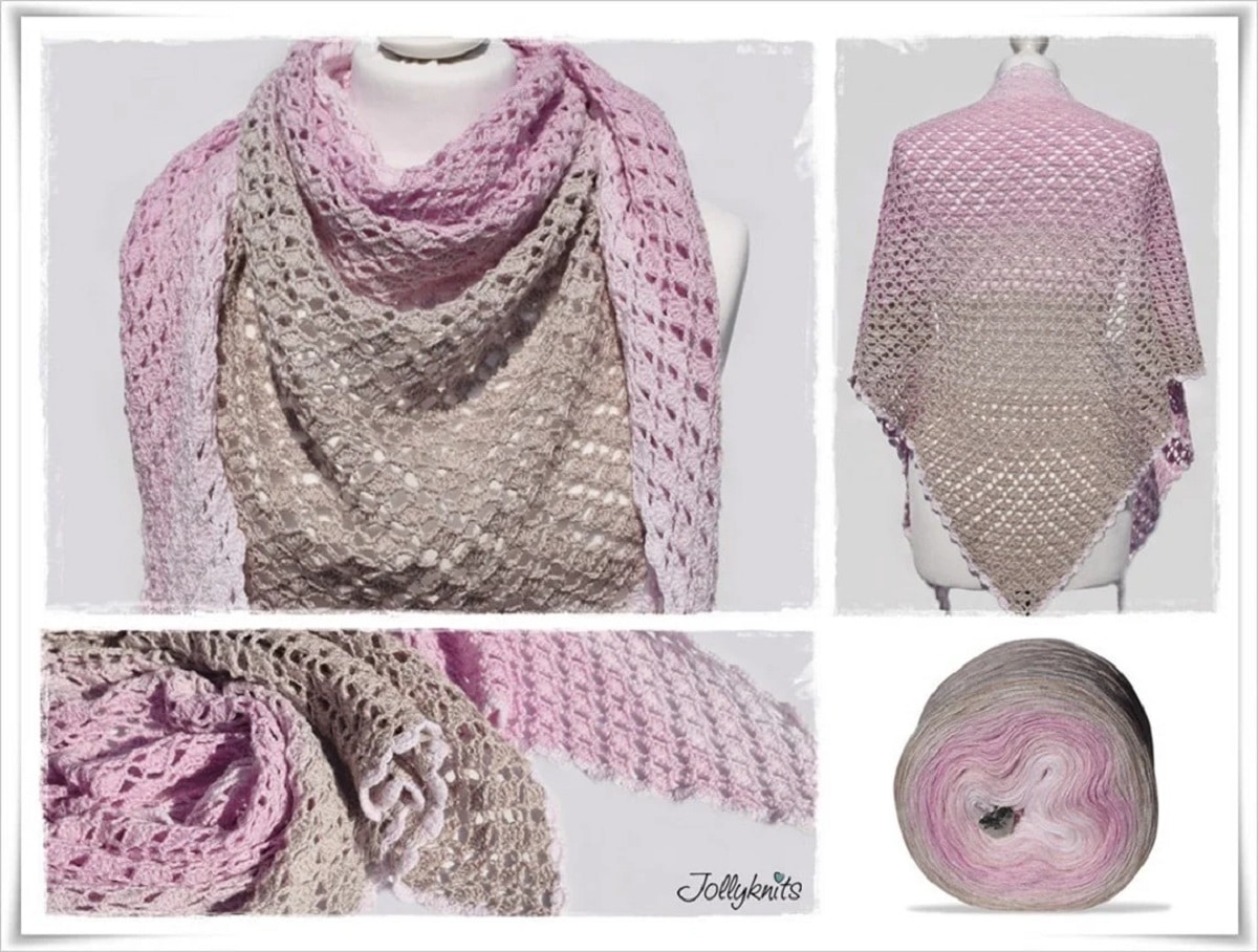 Mannequin wearing a pink and cream shawl first around its neck, then the back of the long shawl on a white background