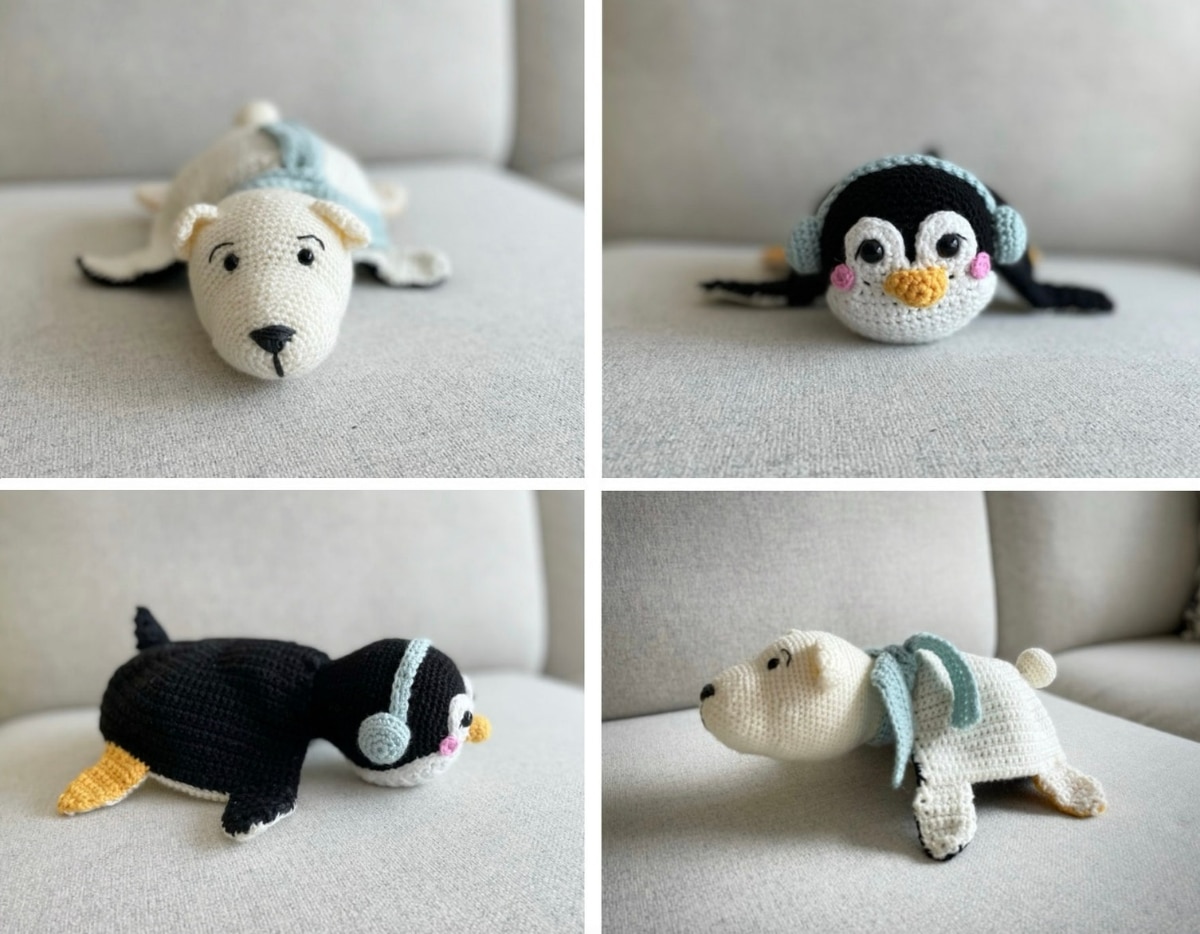 A black and white crochet penguin with blue earmuffs laying on its belly and a white polar bear with a white scarf laying in its belly. 