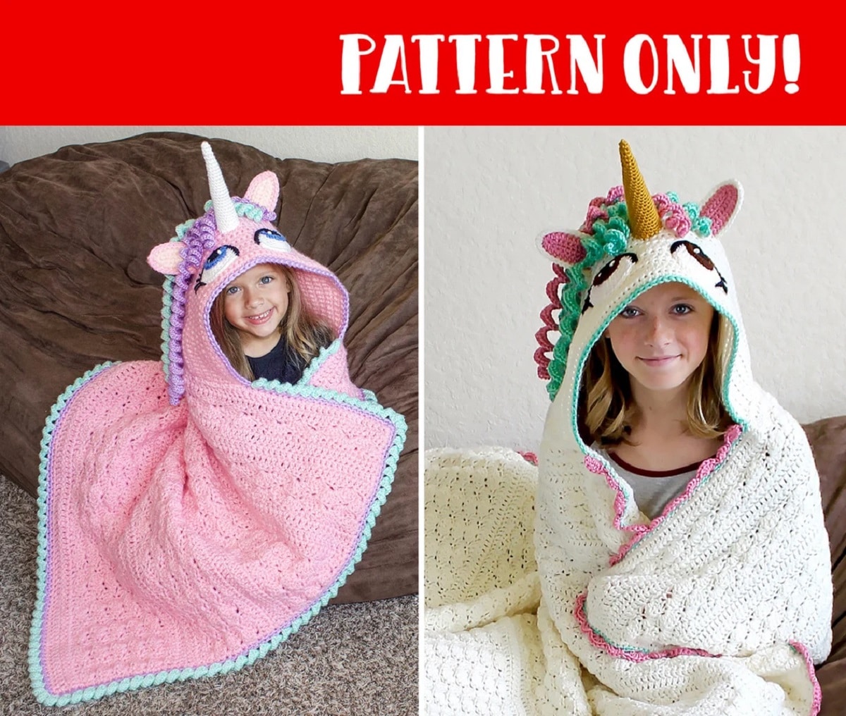 Two young girls in hooded crochet blankets with unicorn horns, ears and manes on top. One blanket is pink and the other is cream.