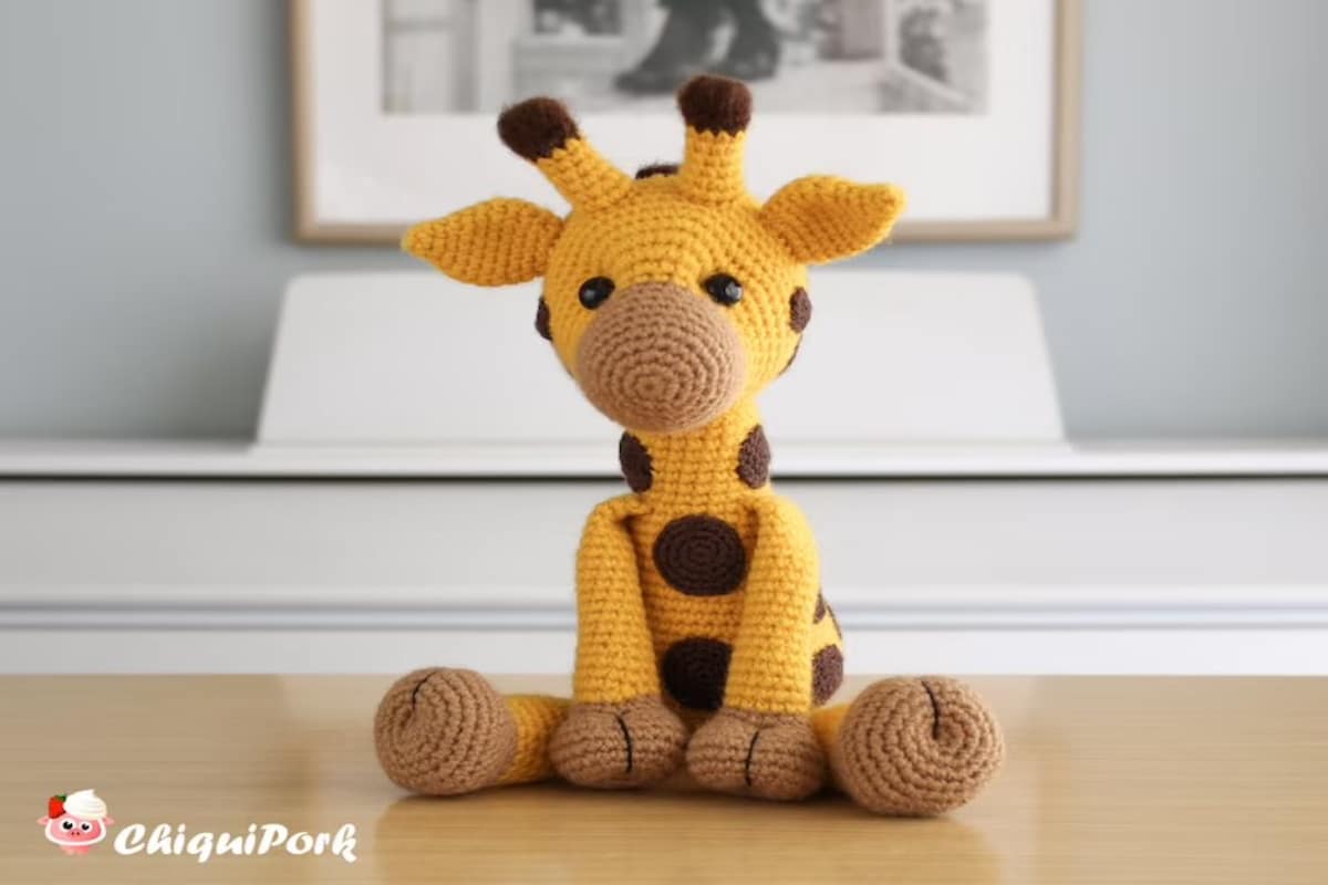 A stuffed crochet yellow giraffe with brown circles on its body and neck and pale brown feet on a wooden floor with a white background.