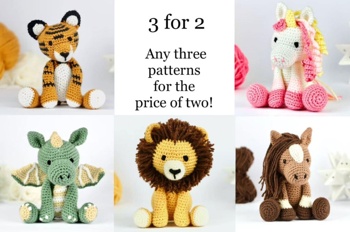 A crochet tiger, unicorn, dragon, lion, and horse in a collage in various colors on white backgrounds with pink, orange, and yellow balls of yarn behind them.