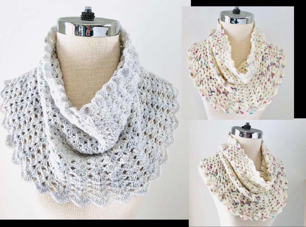 Cream and gray lace style crochet cowl worn by a mannequin facing sideways and forward in a series of images.