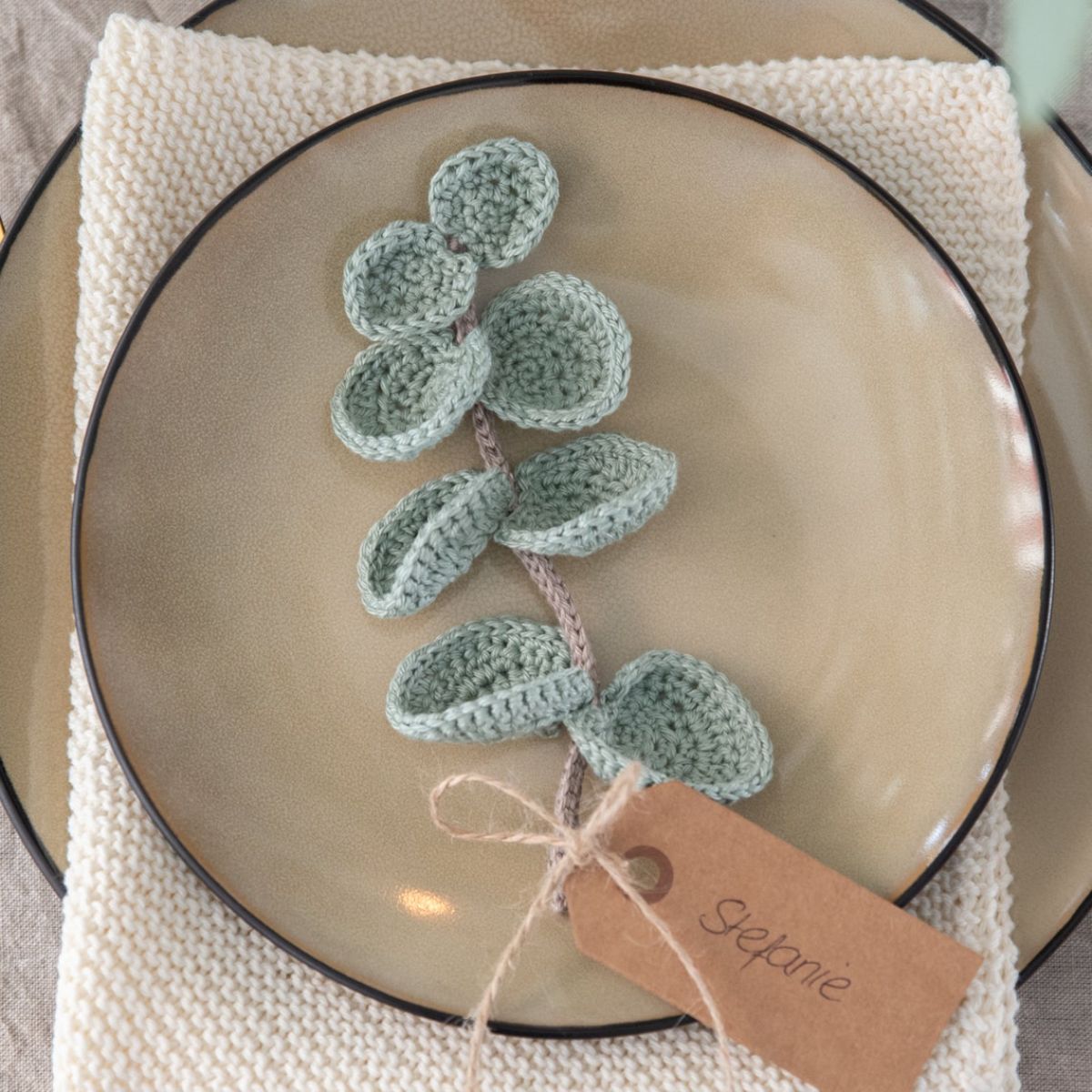 A light green crochet eucalyptus branch with lots of leaves on either side lying on a beige plate and placemat.