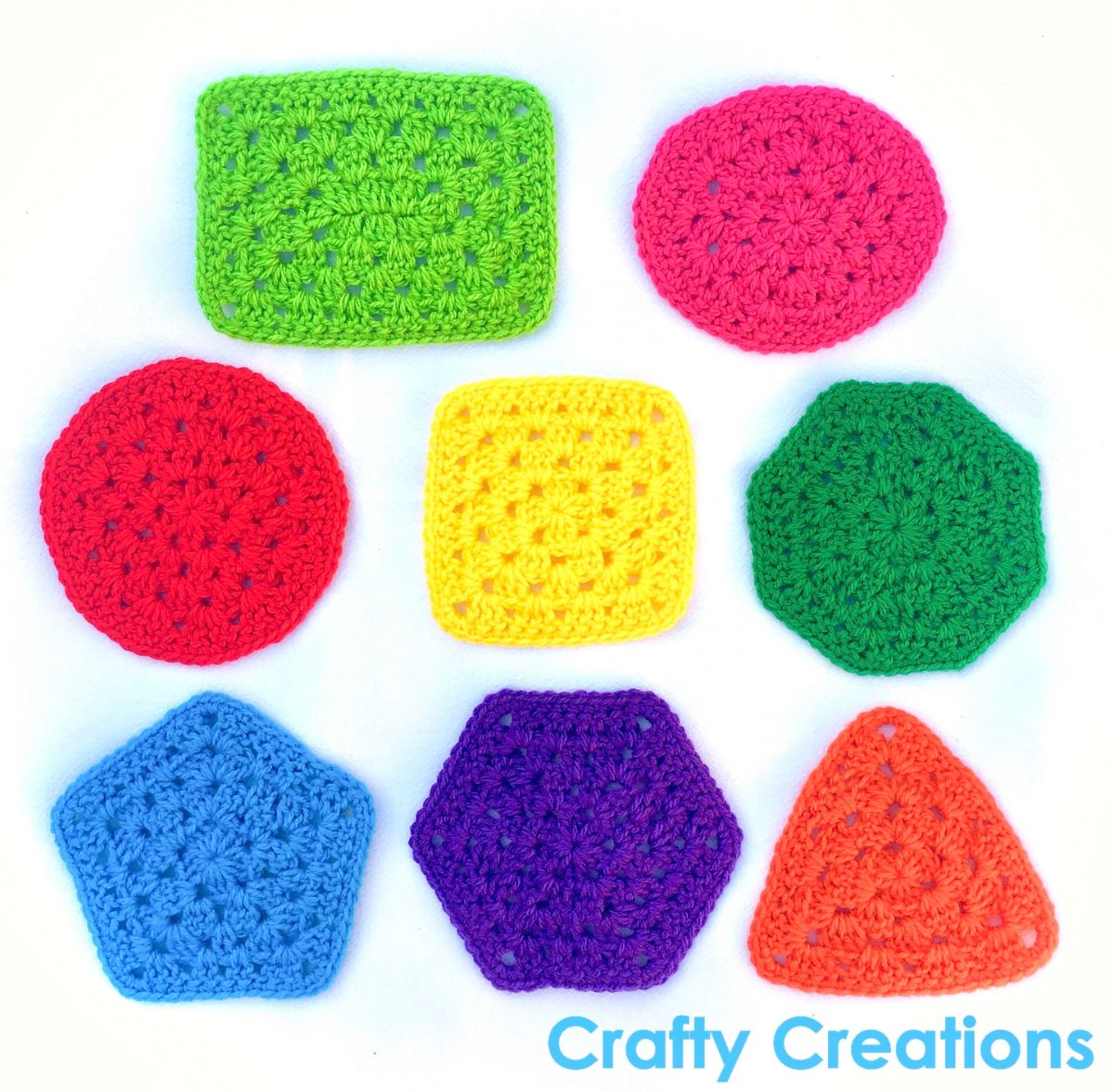 Bright colored crochet square, rectangle, circle, triangle, hexagon, pentagon, and octagon using a granny stitch on a white background.