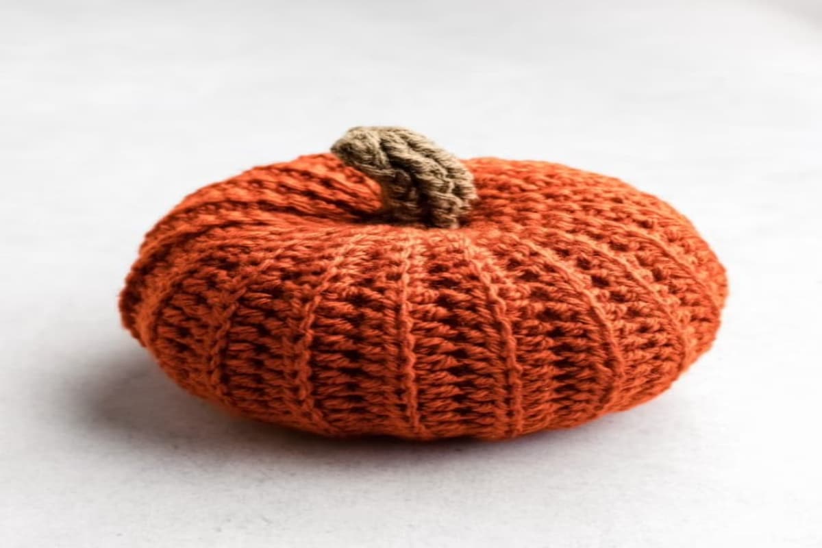 Small orange stuffed crochet pumpkin with a brown stem in the middle sitting on a white background.