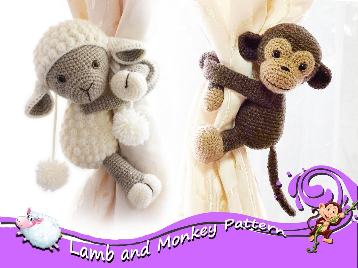 A white crochet lamb curtain tieback with brown legs wrapped around a curtain next to a brown monkey tieback.