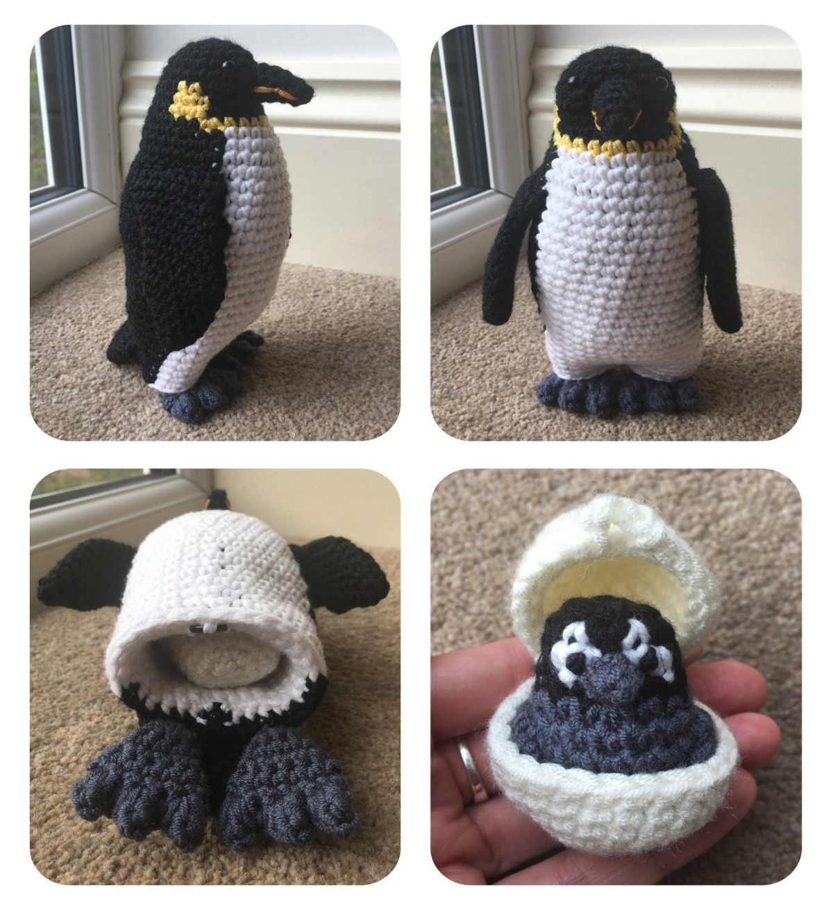 Large crochet Emperor black and white penguin standing with a black chick penguin sitting in a white egg.