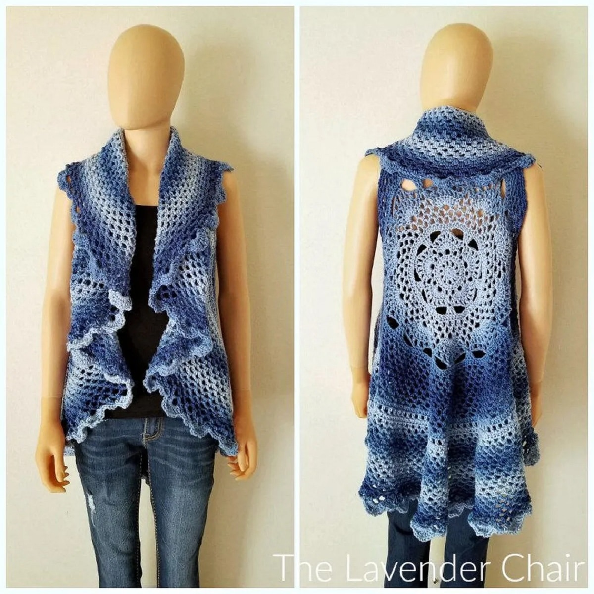 Mannequin wearing a blue and white striped crochet vest with a high collar and large white mandala on the back.