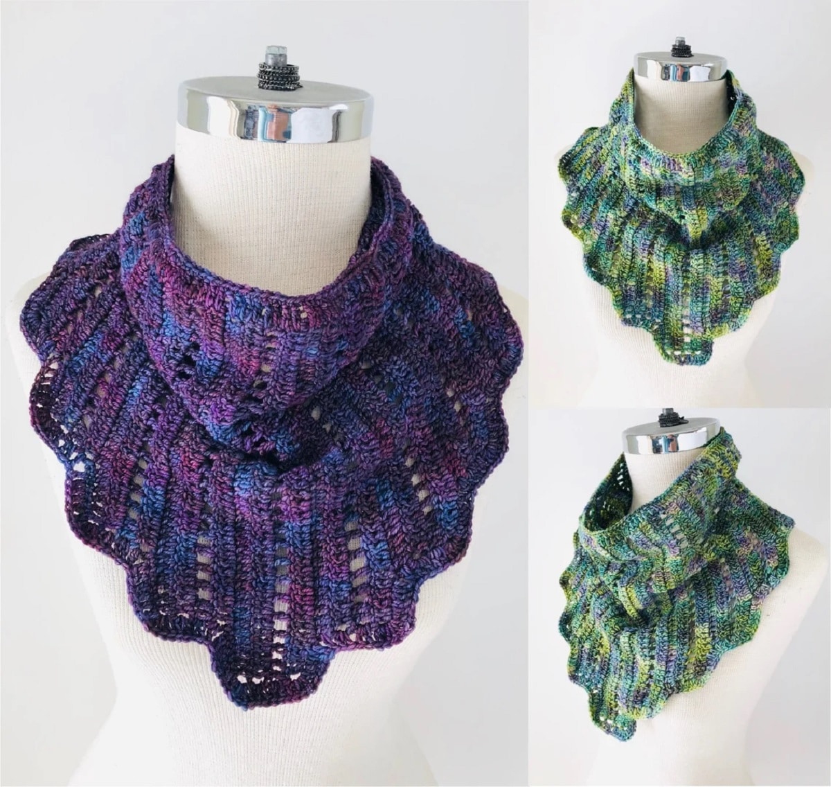 A purple and blue scalloped edge crochet infinity scarf on a mannequin next to the same style scarf in green and blue.