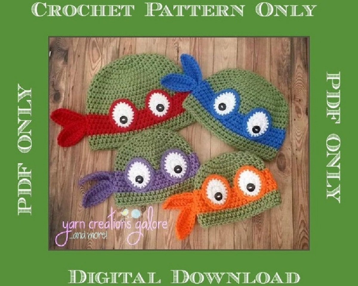 Ninja turtle style crochet beanies with an orange, purple, red, and blue eye mask with two large eyes in the center.