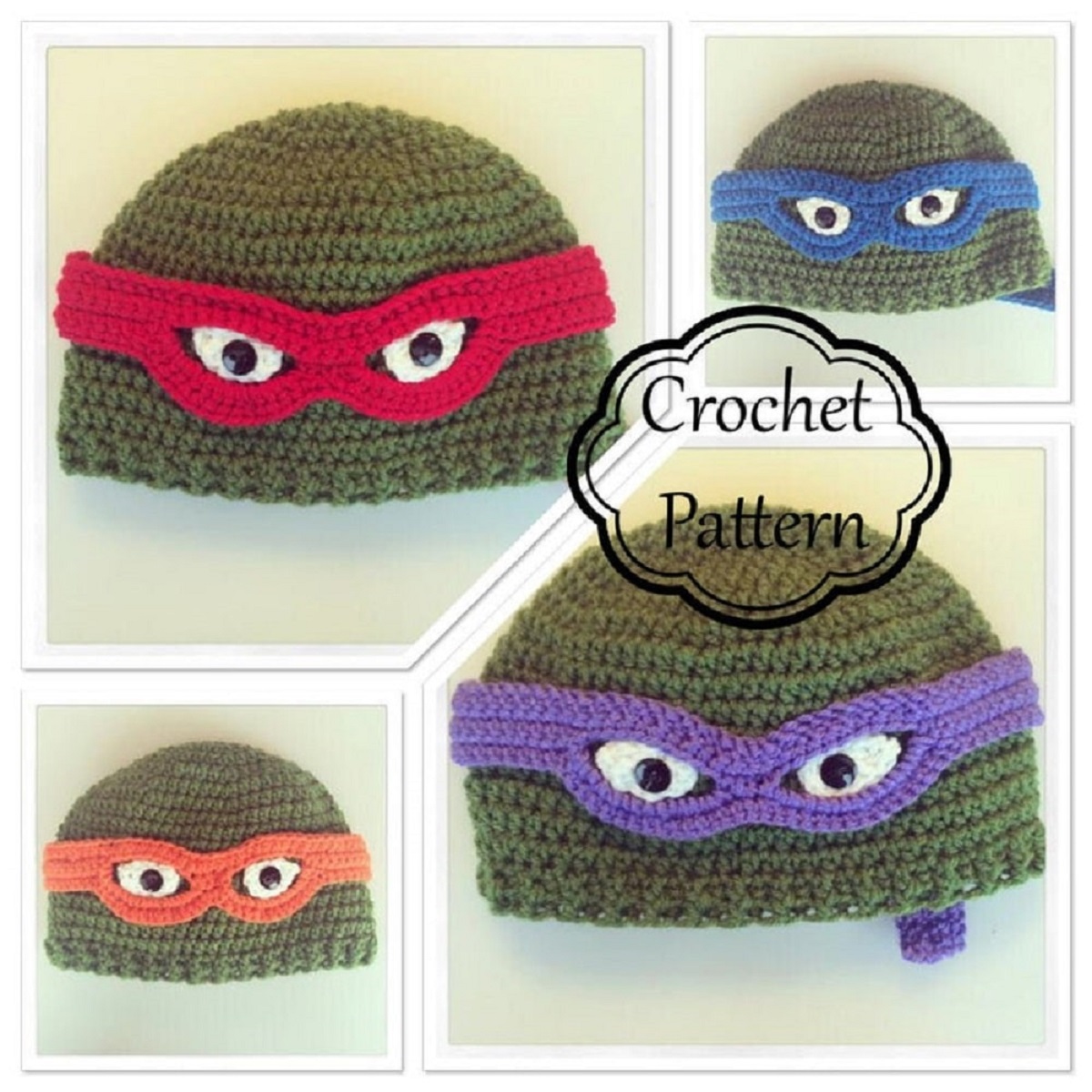 Green ninja turtle style beanies with a red, purple, orange, or blue strip around the middle and two eyes in the center.