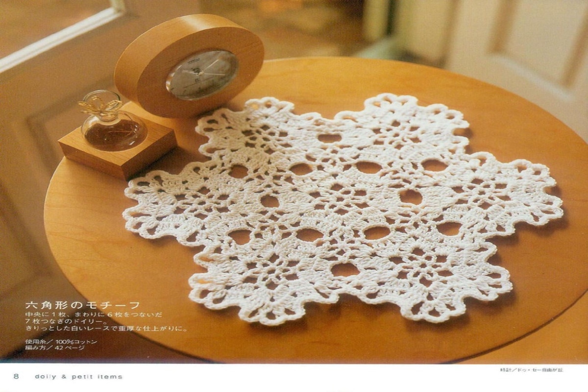 White crochet doily made up of geometric flowers on a wooden table next to a round wooden clock.