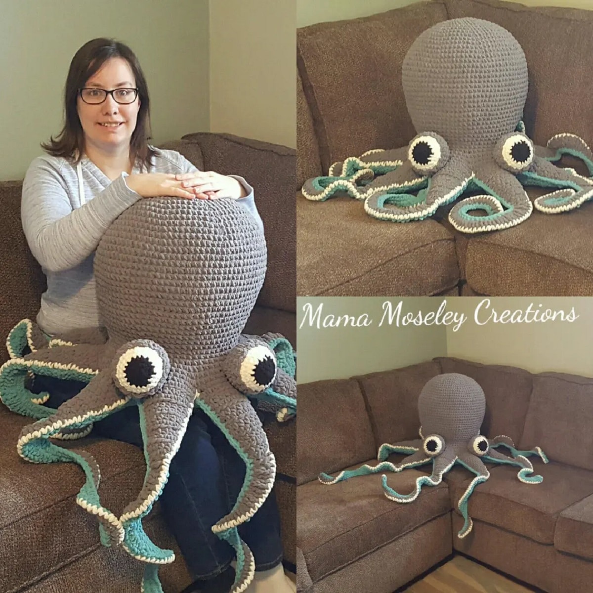 Brunette woman sitting on a brown sofa with an oversized crochet grey octopus with large black and white eyes and blue and cream tentacles. 