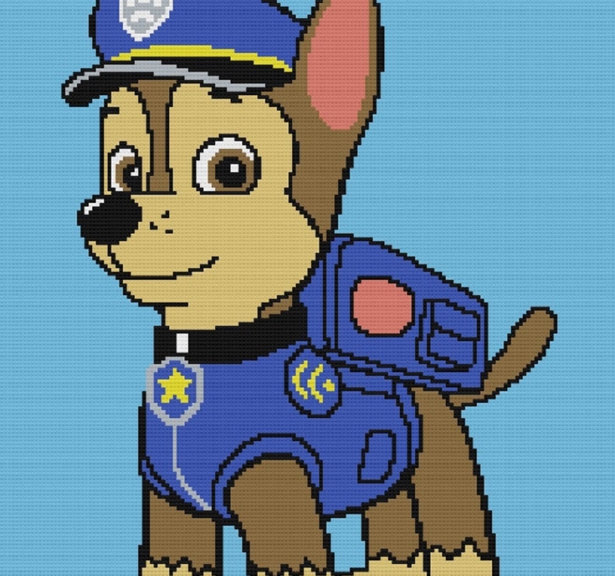 Large blue crochet of Paw Patrol Chase in his classic uniform, standing facing sideways.